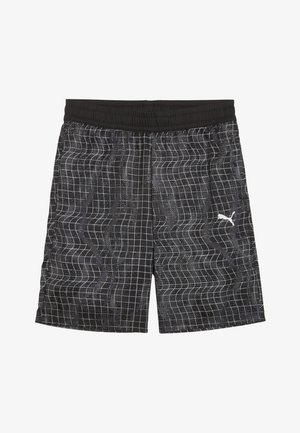 Schwarze Shorts mit einem weißen Gittermuster, elastischem Bund und dezenter wellenförmiger Textur. Logo-Akzent in der unteren rechten Ecke.