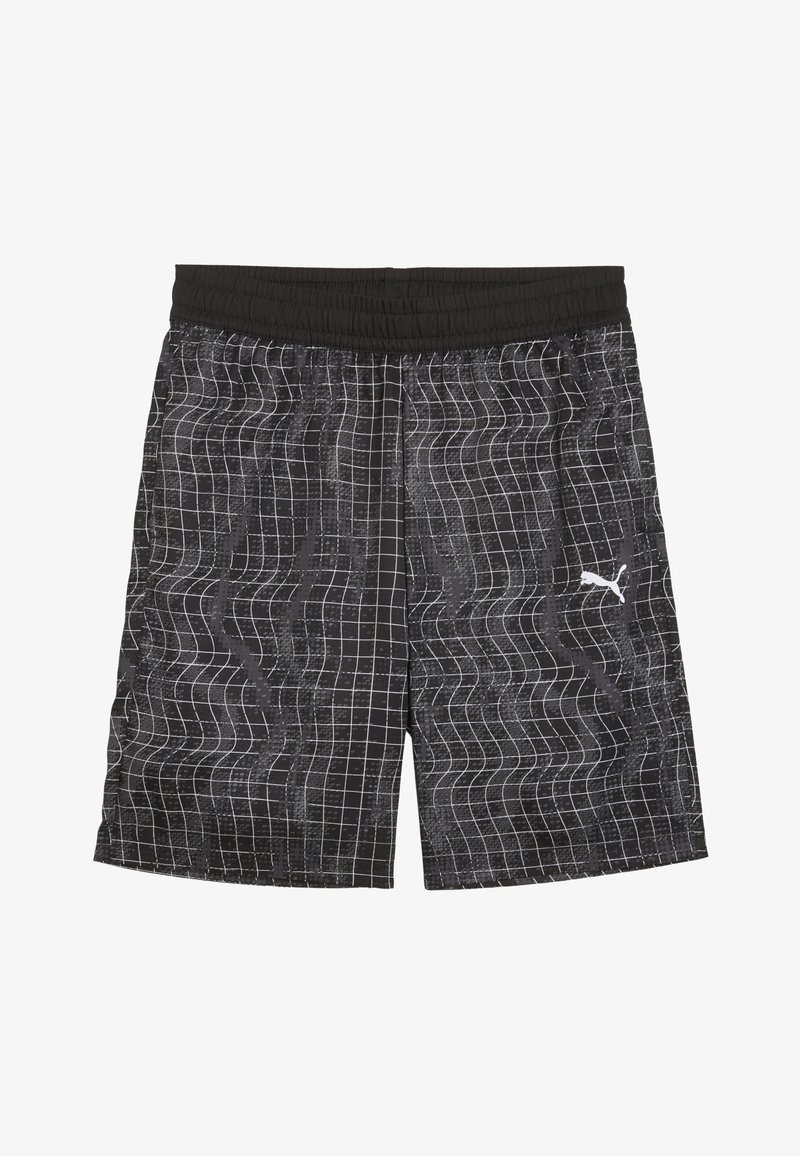 Juodi šortai su balto tinklelio raštu, turintys elastinį liemenį ir subtilią banginę tekstūrą. Logotipo akcentas apatiniame dešiniajame kampe.