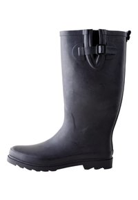 Schwarzer Gummiregenstiefel mit glatter Textur, abgerundeter Spitze und einer Schnallendetail oben, mit robustem Profil an der Sohle.