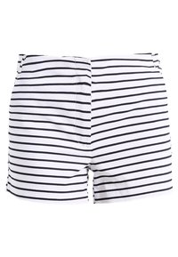 Shorts da bagno bianchi con strisce orizzontali blu navale, dotati di un frontale piatto, tasche laterali e una vestibilità rilassata. Tessuto dalla texture liscia.
