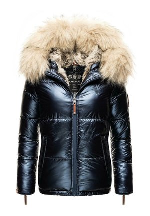 Navy puffer jacket with a shiny finish, fur-lined hood, zip closure, and quilted design. Features include leather accents and logo label.