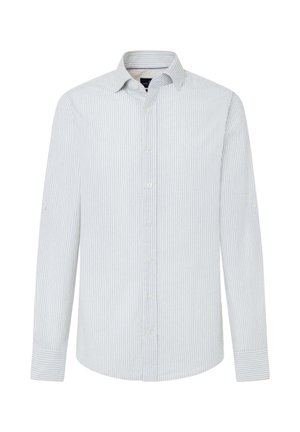 Camicia a maniche lunghe a righe azzurro chiaro e bianche con collare classico e chiusura a bottoni, caratterizzata da un tessuto morbido e polsini con un bottone.