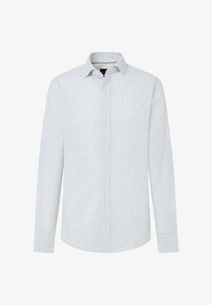 Himmelblau- und weißgestreiftes Langarmhemd mit Standardkragen und Knopfverschluss, ausgestattet mit einem glatten Stoff und Ein-Knopf-Manschetten.
