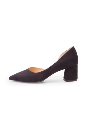 Black suede high-heeled pump with a pointed toe and a chunky block heel. Smooth texture and minimal design.