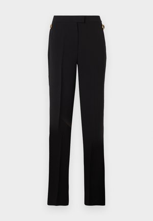 Black trousers with a straight-leg design, featuring side pockets and gold hardware accents on the waist detailing. Smooth texture.