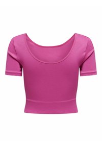 Korte mouwen, cropped top van ribbelstof in een roze kleur met een ronde halslijn en een aansluitend ontwerp. Glad textuur en schone naden.