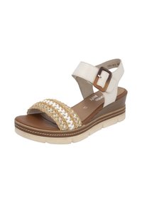 Sandały na platformie z plecionym paskiem ze słomy z białymi akcentami, brązowym skórzanym wkładem oraz regulowanym białym paskiem na kostce z klamrą.
