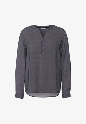 Langarmshirt in marineblauw met witte verticale strepen, voorzien van een Henley-halslijn, drie knopen en een licht afgeronde zoom.