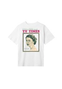 White t-shirt featuring a vintage TV Times magazine cover with a black-and-white portrait of a woman framed by text and decorative border.