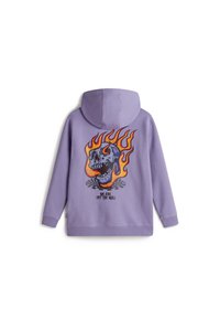 Paarse hoodie met een grafisch ontwerp van een vlammen-schedel met een geruit patroon eronder, en de tekst "WE ARE OFF THE WALL" in het zwart.