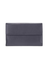 Dunkelgraue Lederbörse mit glatter Textur, minimalistischem Design und Klappenverschluss. Kompakte rechteckige Form mit sorgfältiger Naht.