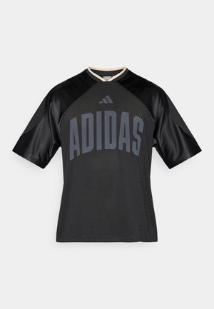 Black athletic jersey with short sleeves, featuring mesh texture, embroidered "ADIDAS" in dark gray, and a round neckline with cream trim.