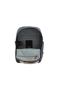 Backpack with dark blue exterior, light gray interior, and a zippered pocket. Features National Geographic branding and geometric patterns.