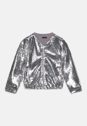 Silver sequin bomber jacket with a zip front, round neckline, and elasticated cuffs and hem. Smooth lining and shiny texture throughout.