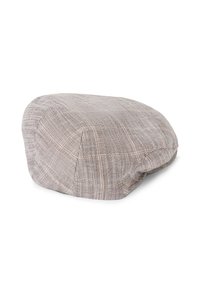 Grau- und beige-karierter Flachhut aus strukturiertem Stoff. Abgerundete Form mit leicht erhöhtem Oberteil. Dezentrales Karomuster mit kontrastierenden Linien.