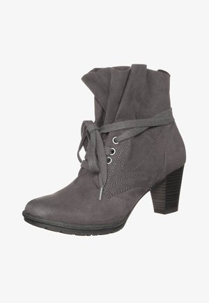 Gray suede ankle boot with a folded top, lace-up front with accent stitching, and a chunky block heel. Black rubber sole for traction.