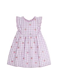 Violetinio gingham stiliaus suknelė su raukiniais, siuvinėtomis braškėmis ir bangelėmis. Pagaminta iš medvilnės audinio, šliaužianti sijono forma.