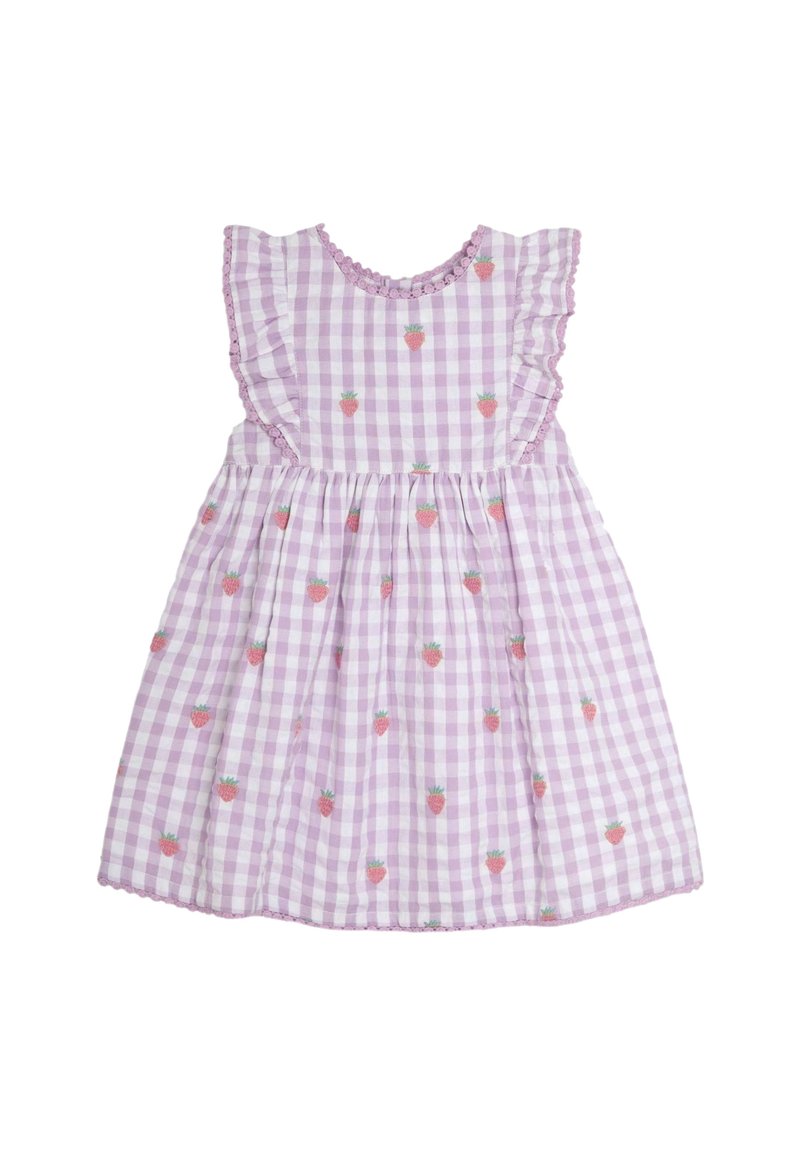 Violetinio gingham stiliaus suknelė su raukiniais, siuvinėtomis braškėmis ir bangelėmis. Pagaminta iš medvilnės audinio, šliaužianti sijono forma.