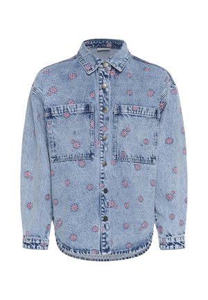 Világoskék farmerruha rózsaszín hímzett virágokkal, gombos elöl, két mellzsebbel és hosszú ujjakkal.