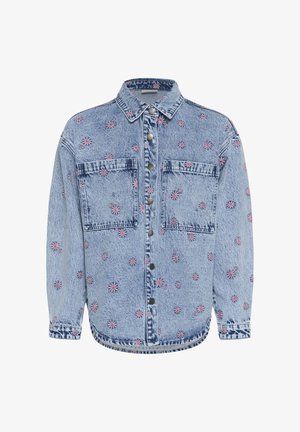 Svetlomodrá rifľová bunda s ružovými vyšívanými kvetmi, zapínaním na gombíky vpredu, dvoma náprsnými vreckami a dlhými rukávmi.