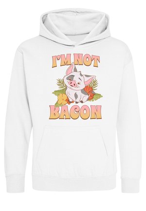 Hvid hættetrøje med en smilende tegnesvine, omgivet af tropiske blade og blomster, samt teksten ""I'm not bacon.""