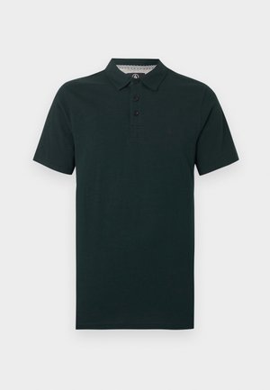 Mørkegrønn kortermet poloshirt med krage og tre svarte knapper på hvit bakgrunn.