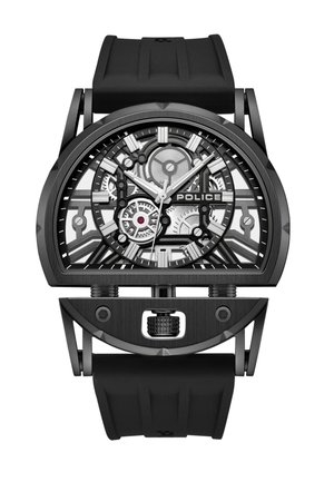 Black Police wristwatch with a transparent, gear-exposed dial, white hour markers, and a black rubber strap, showing time at 10:10:35.