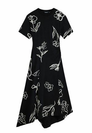 Black dress with short sleeves, featuring white floral outlines and an asymmetrical hemline. Made from soft, lightweight fabric.