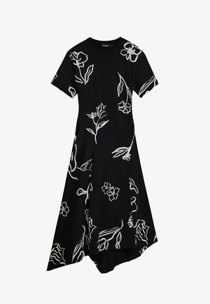 Vestito nero con maniche corte, caratterizzato da contorni floreali bianchi e un orlo asimmetrico. Realizzato in tessuto morbido e leggero.