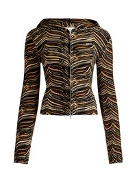 Kapuzensweatjacke im braun-schwarzen Wellenmuster. Hergestellt aus strukturiertem Stoff, verfügt sie über lange Ärmel und eine taillierte Passform.