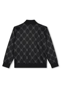 Veste noire avec un motif géométrique répétitif et le texte "HUGO" dans une teinte plus claire. Tissu doux, col zippé et poignets côtelés.