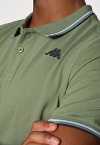 Grønn polo skjorte med ribbestrikket krage i blå og hvite detaljer, knappefeste og brodert logo på brystet.