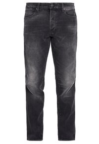 Jeans in denim nero con una texture sbiadita e ben consumata. Fit regolare, design a gamba dritta, con cinque tasche e chiusura a bottone.