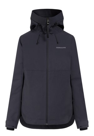 Chaqueta impermeable azul marino oscuro con capucha ajustable, cremallera frontal y logo de Didriksons en el pecho, diseñada para protección contra el clima exterior.