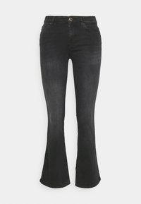 Svarta utsvängda jeans med medelhög midja, klassisk femfickedesign och subtil blekning, tillverkade av denimtyg.