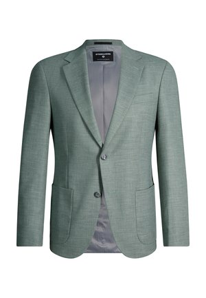 Blazer vert texturé pour homme avec fermeture à deux boutons, revers crantés, poches plaquées et doublure intérieure grise.