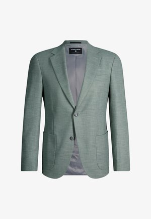 Blazer vert texturé pour homme avec fermeture à deux boutons, revers crantés, poches plaquées et doublure intérieure grise.