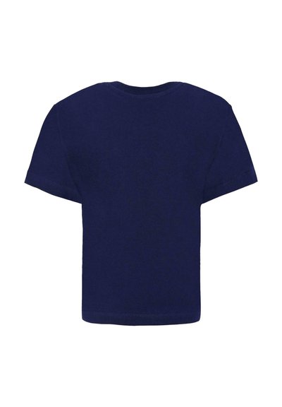 T-shirt in cotone blu navy, maniche corte, collo a giro, colore unito, texture morbida, senza stampe o grafiche sul retro.