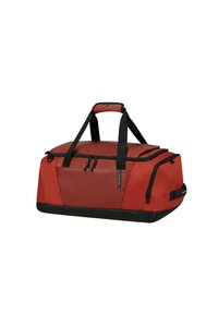 Red duffel bag with black accents, rectangular shape, two handles, dual zipper closure, and a durable fabric texture.