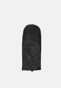 Gant de cuisine noir en cuir lisse, avec un dessus arrondi et une boucle de suspension pour le rangement. Surface texturée pour une meilleure prise et une résistance à la chaleur.