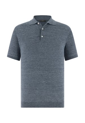 Kurzärmeliges, meliertes, blaues Strick-Poloshirt mit drei weißen Knöpfen und klassischem Kragen.