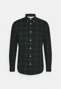 Grön och marinblå rutig skjorta med knappar, krage, långa ärmar och vita knappar, tillverkad av ett mjukt tyg med en texturerad finish.