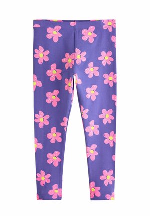 Lila Kinderleggings mit einem Muster aus großen pinken Blumen mit gelben Zentren, die gleichmäßig über den Stoff verteilt sind.