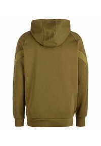Olive zielona bluza z kapturem, z ściągaczami przy mankietach i u dołu, z kontrastującymi zielonymi panelami na ramionach i gładką teksturą.