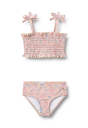Twee-delige badpak met smocking, voorzien van een pastel bloemenpatroon, dunne bandjes met strikjes en een high-waisted broekje met bijpassend ontwerp.