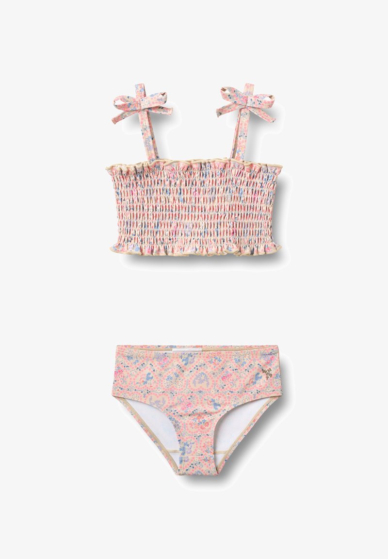 Maillot de bain deux pièces smocké avec motif floral pastel, fines bretelles ornées de nœuds, et bas taille haute assorti.