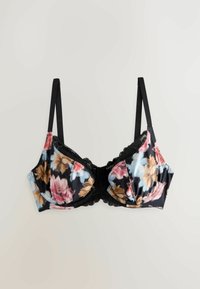 Brah met bloemenprint en zwarte kantafwerking, met zachte cups in tinten roze en blauw op een zwarte achtergrond. Verstelbare zwarte schouderbanden.