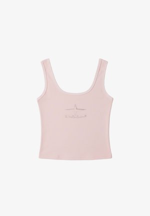 Lichtroze tanktop met een ronde halslijn, brede bandjes en een subtiel logo op de voorkant. Glad materiaal met een aansluitende pasvorm.