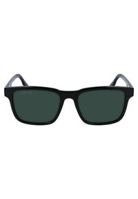 Ochelari de soare dreptunghiulari negri cu lentile de un verde închis. Făcuți din plastic, cu un design elegant și un branding subtil pe cadrul superior.