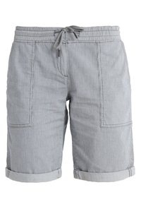 Szare, tkane szorty z elastycznym pasem i regulowanym sznurkiem. Posiadają dwie boczne kieszenie i podwinięte wykończenia. Tekstura materiału.